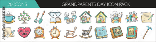 Hand-Drawn Grandparents Day Icon Set - Whimsical icon set featuring elements of Grandparents Day, including seniors, gifts, books, family, and cozy home life.