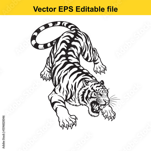 A fierce tiger with bared teeth, ready to pounce
