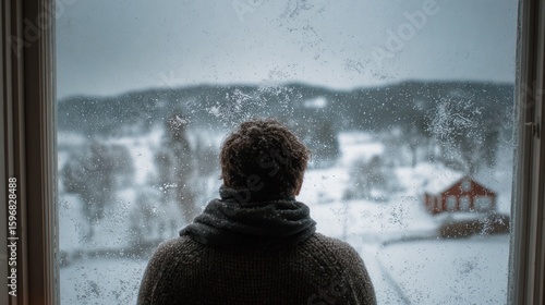 Person looking at snowy landscape through window