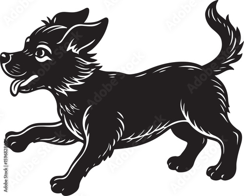 Playful Puppy Black and White Illustration