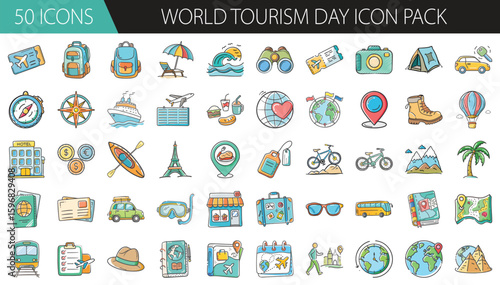 World Tourism Day icon set with travel and adventure elements - Vibrant icon collection themed around World Tourism Day, including travel gear, destinations, maps, transport, landmarks