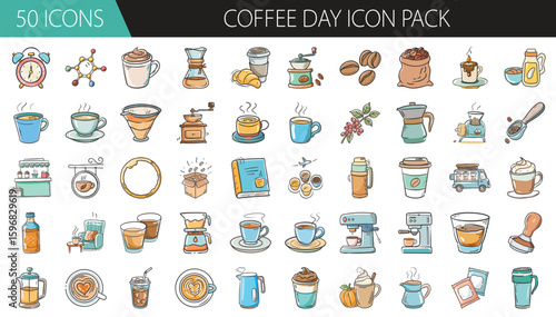 Coffee Day icon pack with brews, cups, and beans - Hand-drawn icon collection celebrating Coffee Day, featuring mugs, beans, brewing tools, takeaway cups, machines, and latte art.