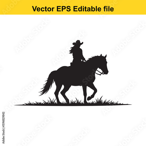 Cowgirl riding a horse in silhouette isolated on white background