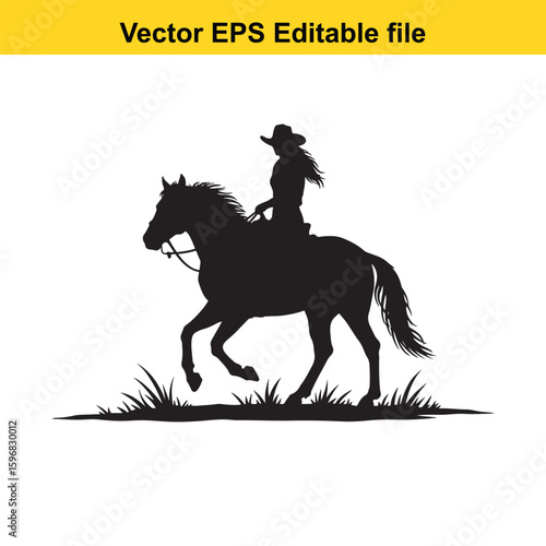 Cowgirl silhouette riding a horse through grass