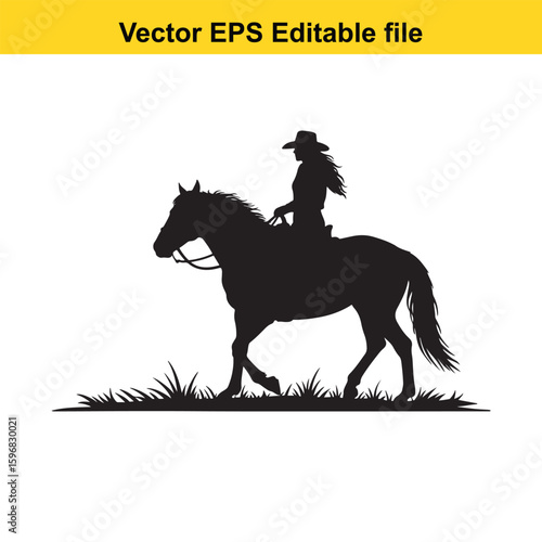 Cowgirl riding a horse in silhouette isolated on white background