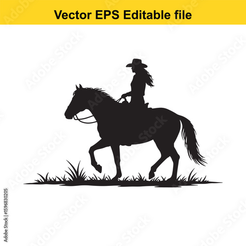 Cowgirl silhouette riding a horse through grass