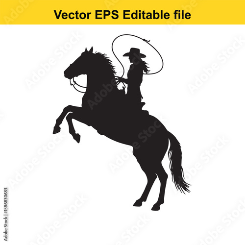 Cowboy silhouette on rearing horse with lasso isolated on white background