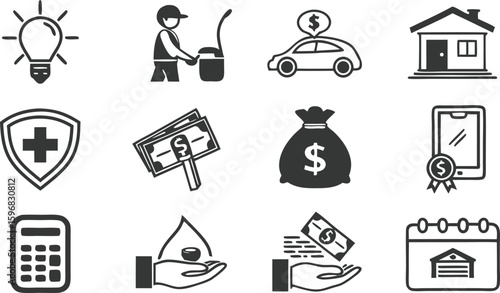 Essential Life Icon Set – Finance, Insurance, Education, and Household Symbols