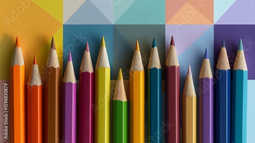 Colorful pencils in geometric pattern on pastel background. Minimalist flat lay concept