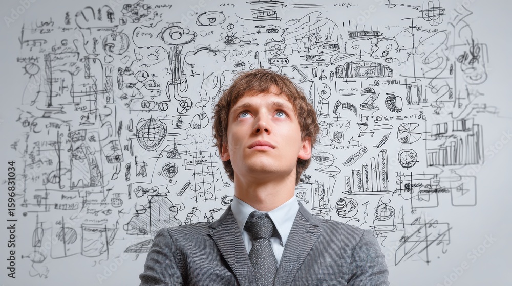 Leadership and idea concept. Young european businessman with abstract business sketch, no logos, no brands Leadership and idea concept. Young european businessman with abstract business sketch, no logos, no brands