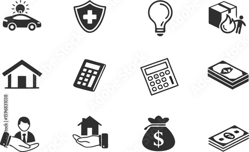 Essential Life Icon Set – Finance, Insurance, Education, and Household Symbols