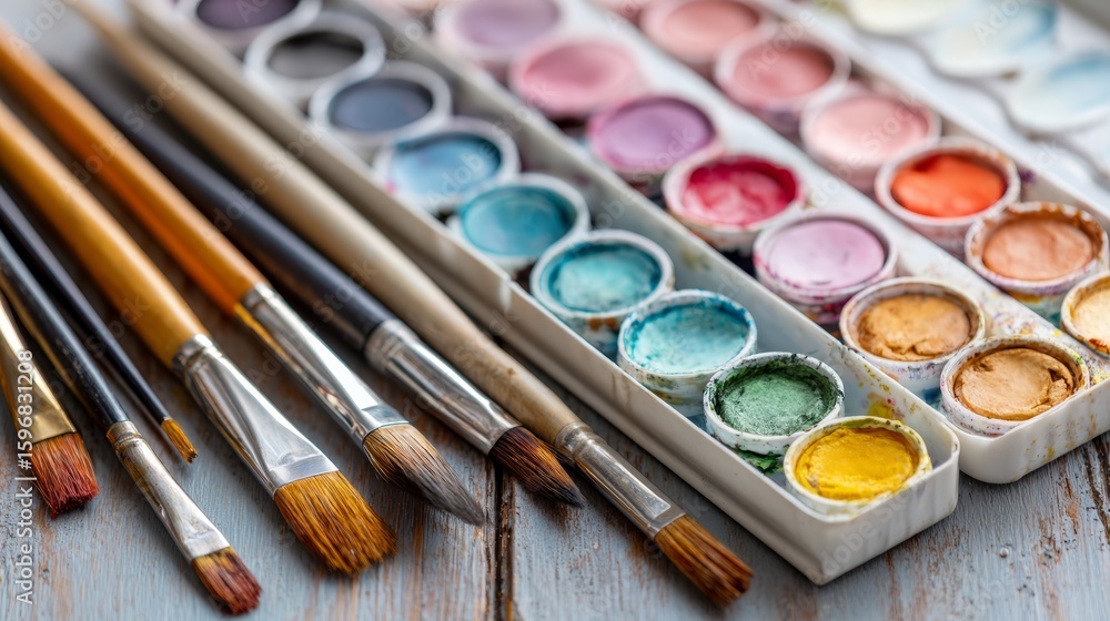 Obraz premium Watercolor paint palette with brushes in soft pastel arrangement