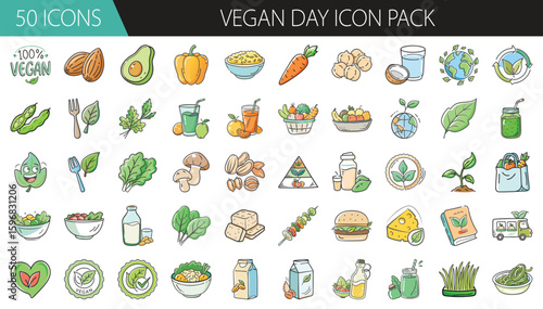 Vegan Day icon set with plant-based food and eco elements - Illustrated icon pack focused on Vegan Day, featuring plant-based foods, eco-friendly items, vegetables, labels, and healthy lifestyle symbo