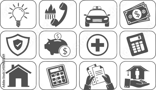 Essential Life Icon Set – Finance, Insurance, Education, and Household Symbols