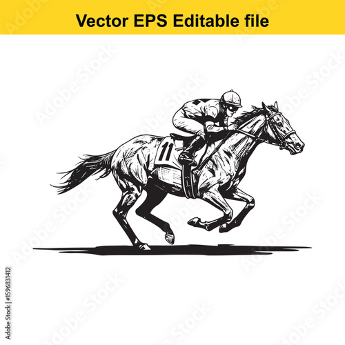 Jockey and horse racing at speed, isolated on white background