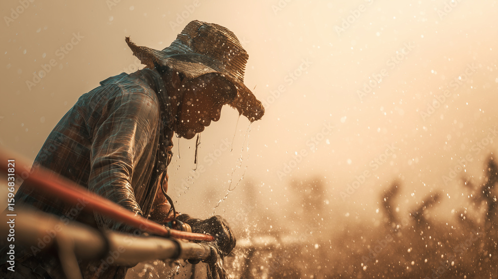 Obraz premium Farmer fixing irrigation pipes under a hot sun, farmers working, photo style
