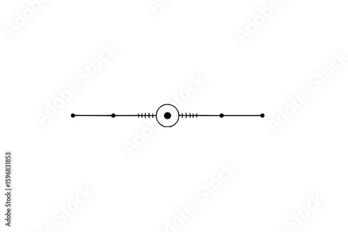 Abstract representation of five vertical lines with small circles at the bottom in black and white