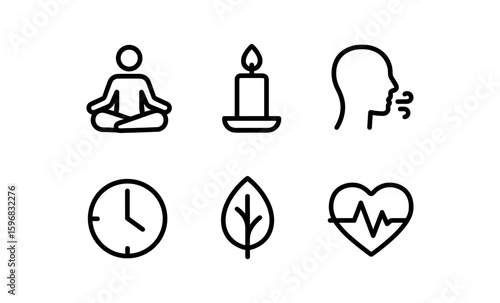 Set of minimalist wellness icons featuring meditation, candle, breath, time, nature, and heartbeat