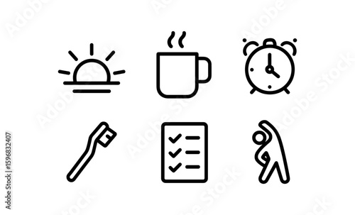 Minimalist morning routine icons: coffee, sunrise, checklist, exercise, alarm, toothbrush