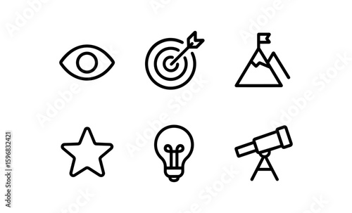 Minimalist line icons of vision, goals, achievement, innovation, and exploration