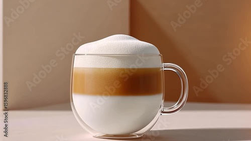 Closeup of a layered coffee beverage in a transparent glass mug with foam topping in a minimalistic setting