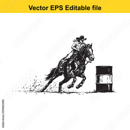 Cowgirl racing horse around a barrel in a rodeo