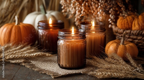 Fototapeta Naklejka Na Ścianę i Meble -  Mason jar candles surrounded by pumpkins and dried wheat stalks