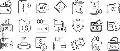 Digital finance and mobile payment icons – secure wallet, money transfer, contactless transactions, banking app, currency exchange, and e-wallet