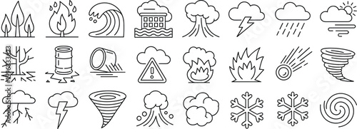 Disaster icons pack – Line vector symbols of natural and man-made hazards: fire, floods, storms, earthquakes, pollution, snow