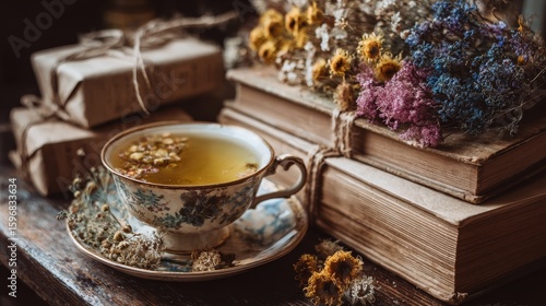 Vintage ceramic teacup with herbal tea and dried flowers and twine-wrapped books