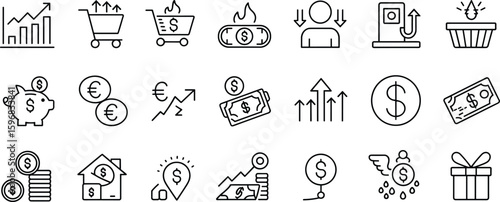 Economic growth and inflation icons – currency trends, rising prices, piggy bank, dollar symbols, financial inflation, and money saving graphics