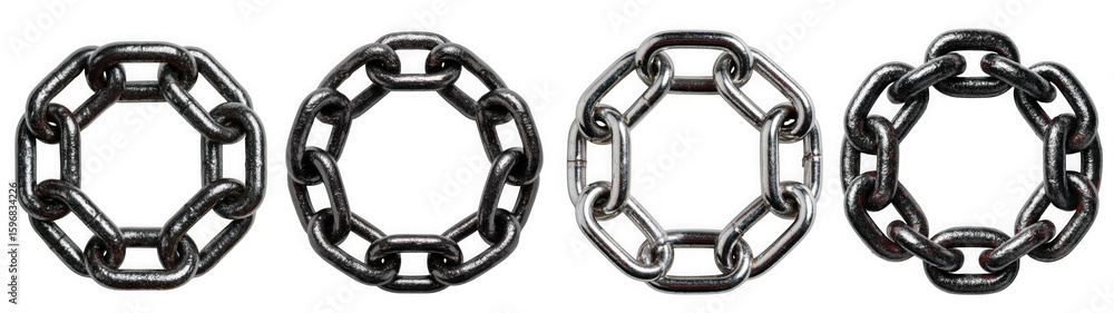 Fototapeta premium Four different metal chain links arranged in circular patterns on a transparent background