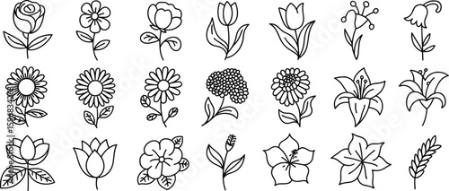 Floral icon set – hand-drawn line flower illustrations including roses, tulips, daisies, lilies, lotuses, blossoms, and wildflowers