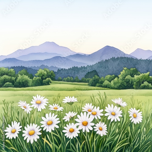 Peaceful Meadow with White Daisies and Mountain View