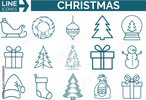 Christmas Line Icons Set – Holiday Vector Collection with Gifts, Trees, and Decorations