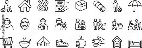 Homelessness and social aid icon set – shelter, donation, soup kitchen, warm clothing, support services, food relief, and community care