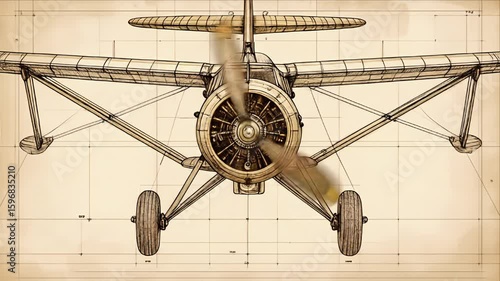 Detailed blueprint of a vintage aircraft with a spinning propeller