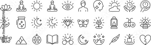 Mystical wellness icon set – Line art symbols of meditation, moon phases, crystals, nature, and mindfulness for spiritual design