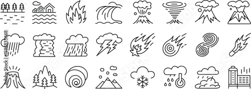 Natural disaster and weather icons – volcano, wildfire, tsunami, earthquake, storm, tornado, climate change, meteor strike, and flood symbols