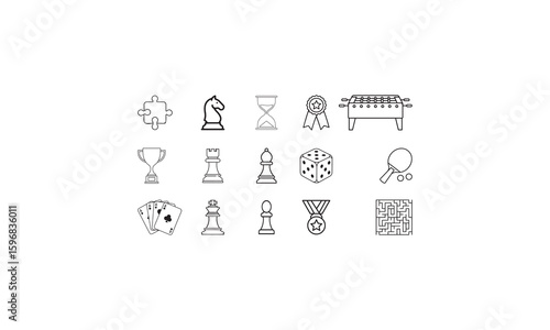Board Games and Competition Line Icons Set – Vector Collection with Chess, Cards, Trophies, and Game Elements