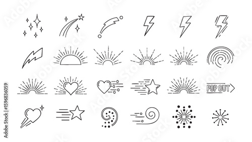 Minimalist Line Art Lightning, Stars, Hearts, and Rays