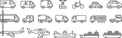 Transport and delivery vehicle icons – Line vector set of vans, trucks, ships, planes, bikes, drones, and cars
