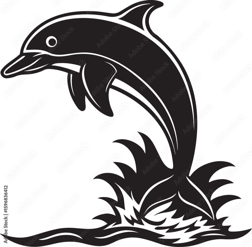 Naklejka premium Leaping Dolphin Black and White Illustration