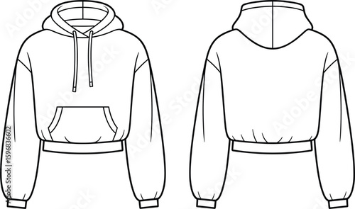 Cropped hoodie technical fashion sketch front and back view, stylish casual apparel design, drawstring detail, template for clothing illustration