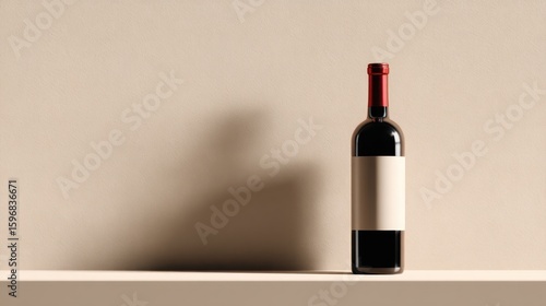 Empty wine bottle with blank label on a shelf.