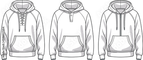 Detailed sketch of hoodie variations with lace-up, zipper, and button styles, front and back views, fashion illustration template for outerwear