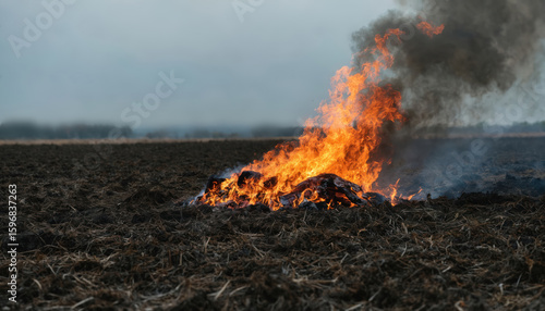 Vibrant field of black soil illuminated by small glowing fire. Dark charred soil surrounds fire, enclosed by fence. Rural landscape with sky visible in background.