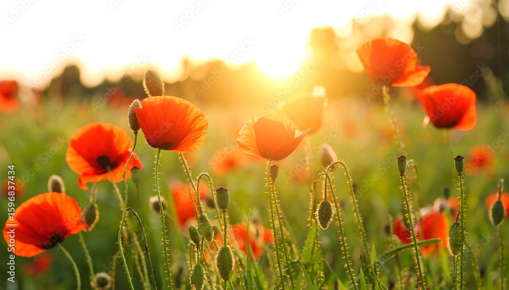 Naklejka premium Poppy field at sunset