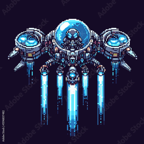 Sci-fi robot with hovering effect and glowing blue parts.

