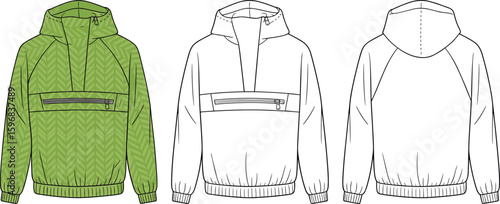 Green hoodie fashion sketch front and back, zipper pocket detail, casual outerwear design, technical illustration template for garment concept